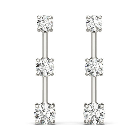Silver Three-Stone Round Cut Drop Earrings with Prong Setting