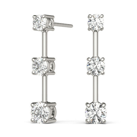 Silver Three-Stone Round Cut Drop Earrings with Prong Setting