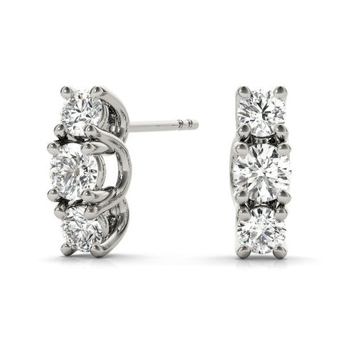 Silver Three-Stone Round Diamond Channel Band Prong-Set Earrings