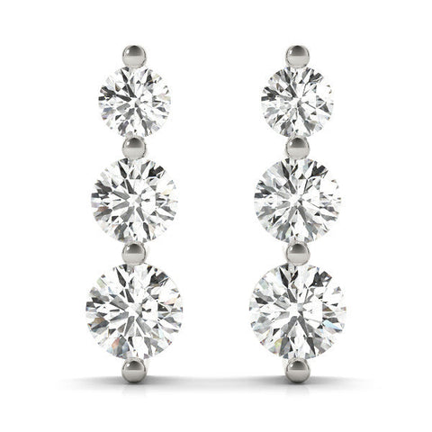 Silver Three-Stone Round Diamond Drop Earrings with Prong Setting on Silver