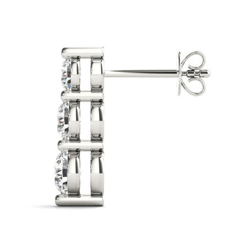 Silver Three-Stone Round Diamond Drop Earrings with Prong Setting on Silver