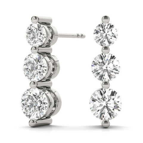 Silver Three-Stone Round Diamond Drop Earrings with Prong Setting on Silver