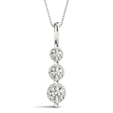 Silver Three-Stone Round Diamond Drop Pendant with Prong Setting