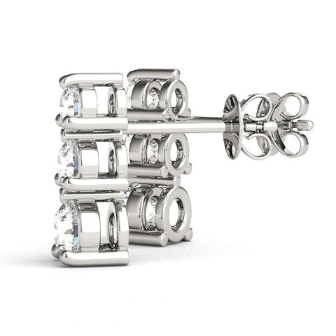 Silver Three-Stone Round Diamond Prong-Set Drop Earrings