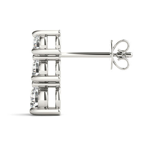 Silver Three-Stone Round Diamond Prong-Set Drop Earrings