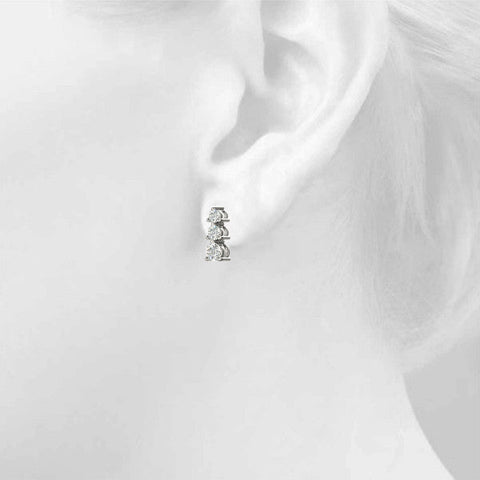 Silver Three-Stone Round Diamond Prong-Set Drop Earrings