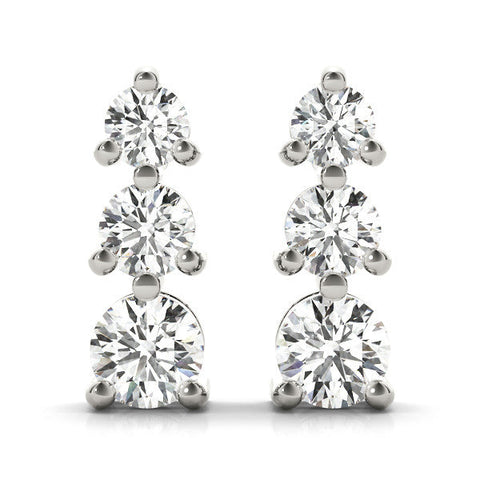 Silver Three-Stone Round Diamond Prong-Set Drop Earrings