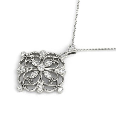 Silver Vintage Floral Diamond Pendant with Round Brilliant Cut and Pavé Setting