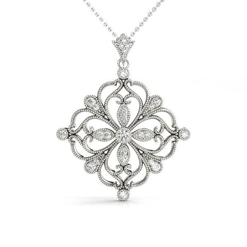 Silver Vintage Floral Diamond Pendant with Round Brilliant Cut and Pavé Setting