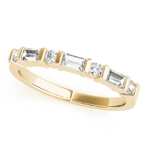 Yellow gold Baguette and Round Diamond Channel Set Half Eternity Band with Bar Prong Setting