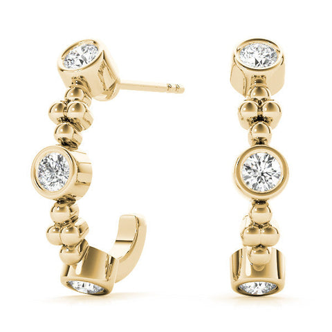 Yellow gold Bezel Set Round Diamond Beaded Hoop Earrings