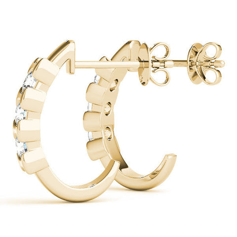Yellow gold Channel Set Round Diamond Hoop Earrings with Claw Prong Setting