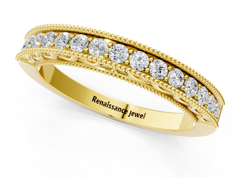 Yellow gold Channel Set Round Diamond Milgrain Edge Eternity Band