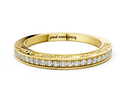 Yellow gold Channel Set Round Diamond Milgrain Engraved Band