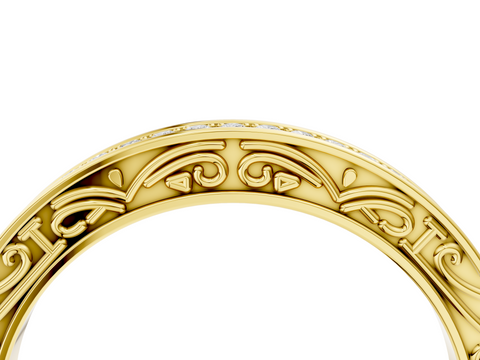 Yellow gold Channel Set Round Diamond Milgrain Engraved Band