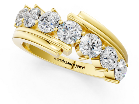 Yellow gold Channel Set Round Diamond Wave Band with Shared Prong Setting
