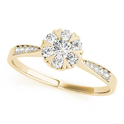 Yellow gold Cluster Round Diamond Pavé Band Flower Prong Setting Ring