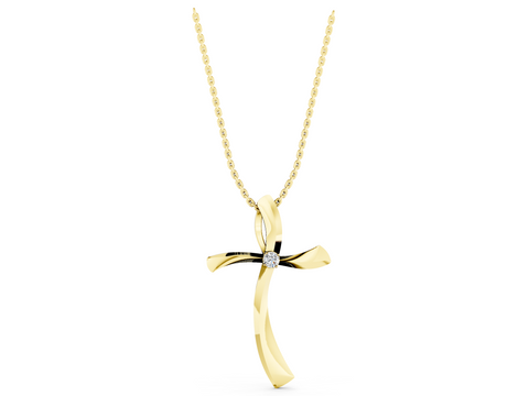 Yellow gold Curved Cross Pendant with Round Diamond in Bezel Setting