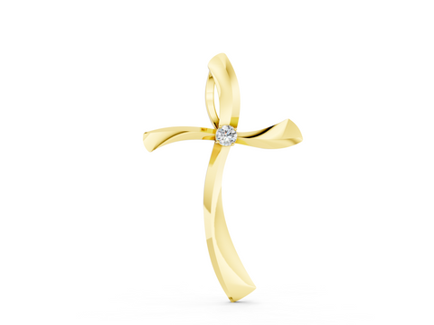 Yellow gold Curved Cross Pendant with Round Diamond in Bezel Setting
