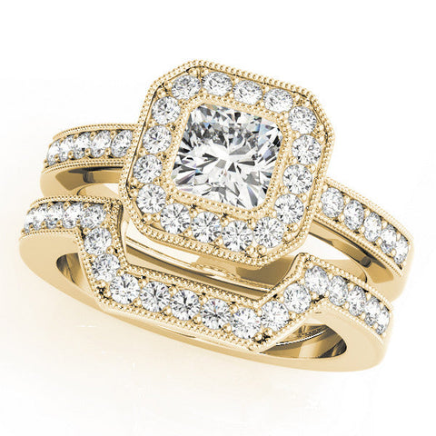 Yellow gold Cushion-Cut Diamond Halo Engagement Ring with Pave Band and Prong Setting