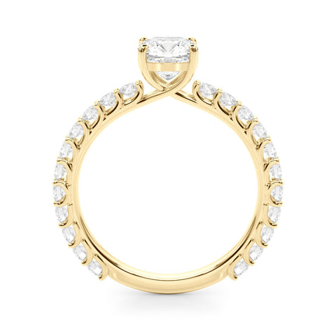 Yellow gold Cushion Cut Diamond Pavé Band Solitaire with Four-Prong Setting