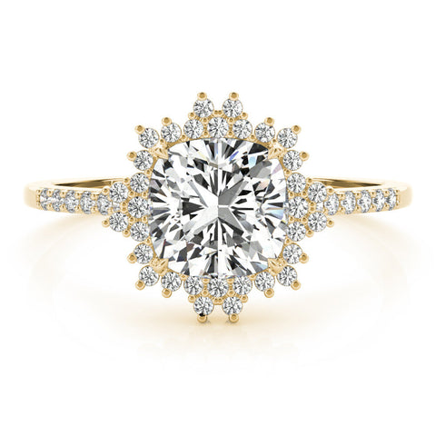 Yellow gold Cushion Cut Halo Diamond Ring with Pave Band and Four-Prong Setting