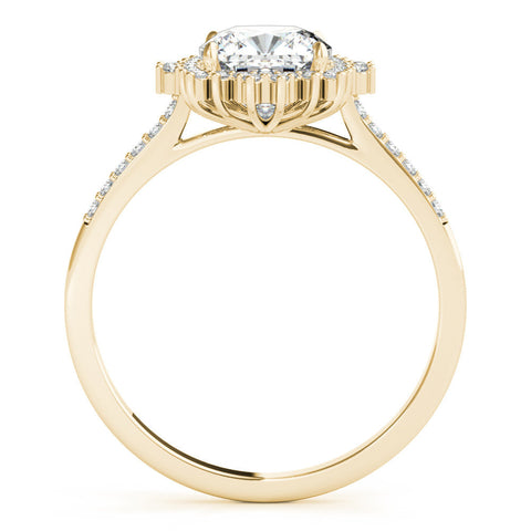 Yellow gold Cushion Cut Halo Diamond Ring with Pave Band and Four-Prong Setting