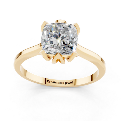 Yellow gold Cushion Cut Solitaire Diamond Ring with Flower-Prong Setting and Classic Band