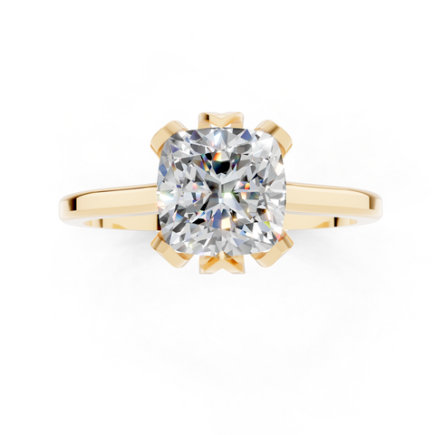 Yellow gold Cushion Cut Solitaire Diamond Ring with Flower-Prong Setting and Classic Band
