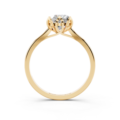 Yellow gold Cushion Cut Solitaire Diamond Ring with Flower-Prong Setting and Classic Band
