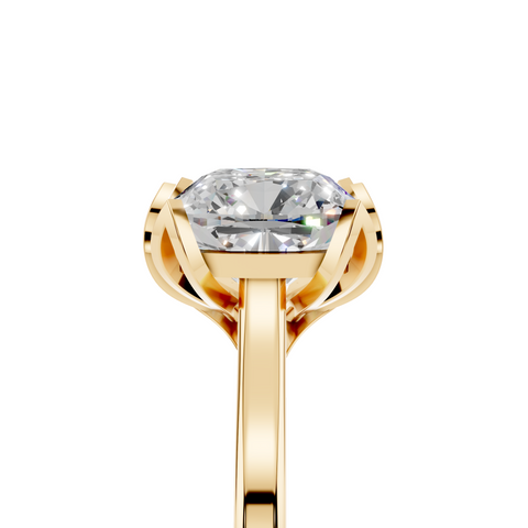 Yellow gold Cushion Cut Solitaire Diamond Ring with Flower-Prong Setting and Classic Band