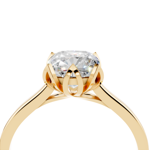Yellow gold Cushion Cut Solitaire Diamond Ring with Flower-Prong Setting and Classic Band