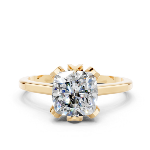 Yellow gold Cushion Cut Solitaire Diamond Ring with Flower-Prong Setting and Classic Band
