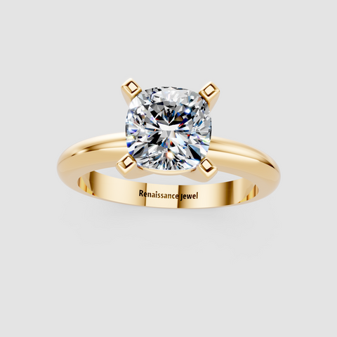 Yellow gold Cushion Cut Solitaire Engagement Ring with Round Band and Four-Prong Setting