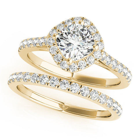 Yellow gold Cushion Halo Diamond Engagement Ring with Pave Band and Four-Prong Setting