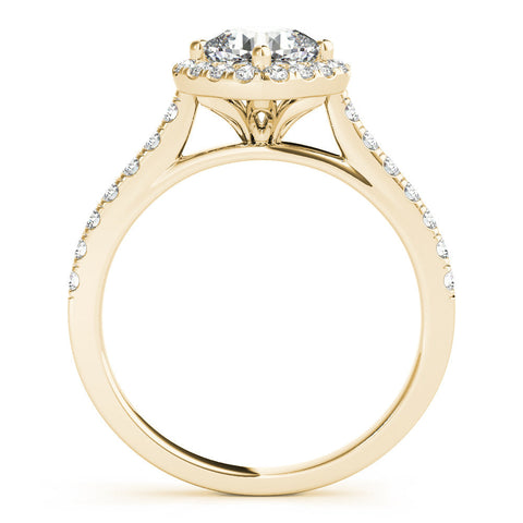 Yellow gold Cushion Halo Diamond Engagement Ring with Pave Band and Four-Prong Setting