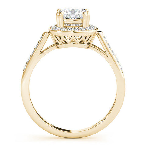 Yellow gold Cushion Halo Diamond Ring with Split Shank and Four-Prong Setting