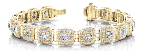 Yellow gold Cushion Halo Diamond Tennis Bracelet with Channel Band and Bezel Setting