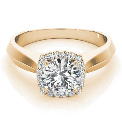 Yellow gold Cushion Halo Round Brilliant Solitaire Ring with Tapered Band and Four-Prong Setting