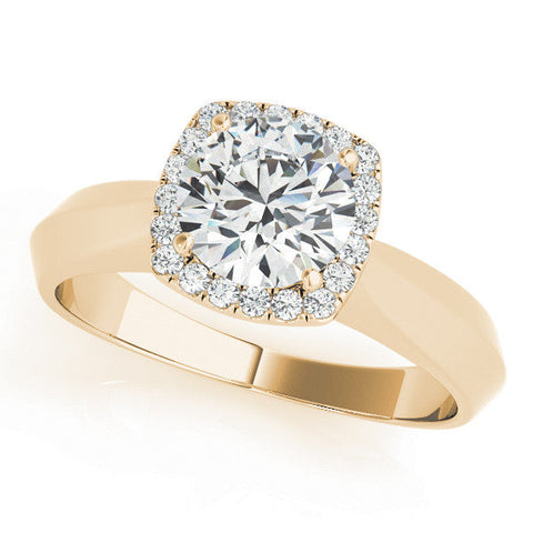 Yellow gold Cushion Halo Round Brilliant Solitaire Ring with Tapered Band and Four-Prong Setting