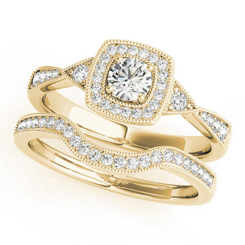 Yellow gold Cushion Halo Round Diamond Milgrain Pave Engagement Ring