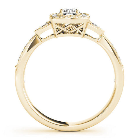 Yellow gold Cushion Halo Round Diamond Milgrain Pave Engagement Ring