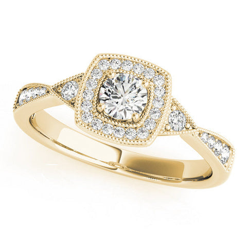 Yellow gold Cushion Halo Round Diamond Milgrain Pave Engagement Ring