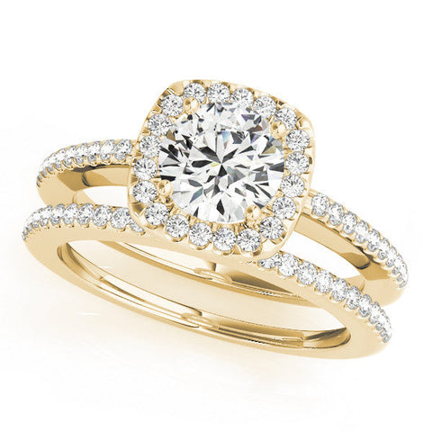Yellow gold Cushion Halo Round Diamond Pave Band Prong Setting Ring