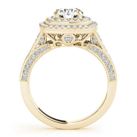 Yellow gold Cushion Halo Round Diamond Split Shank Prong Setting Ring