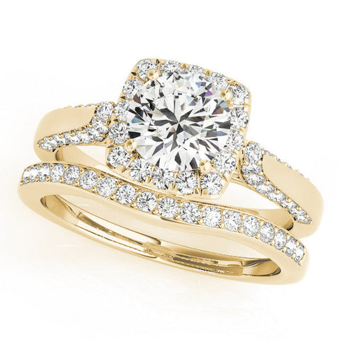 Yellow gold Cushion Halo Round Diamond Twist Band with Four-Prong Setting