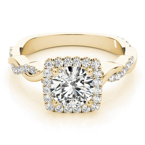 Yellow gold Cushion Halo Round Diamond Twisted Band with Four-Prong Setting