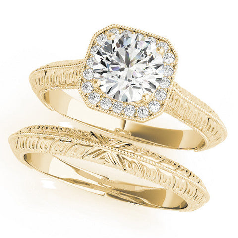 Yellow gold Cushion Halo Round Solitaire Milgrain Engagement Ring