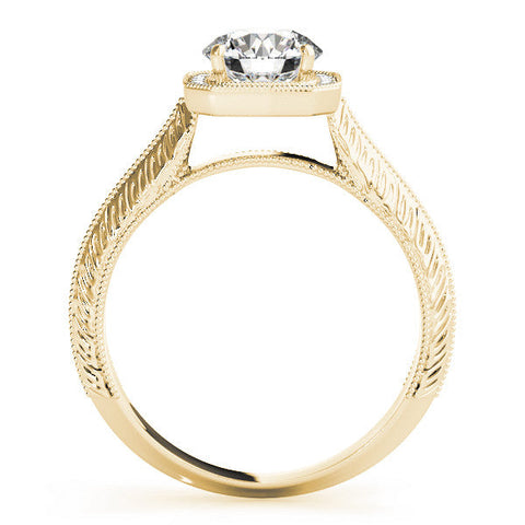 Yellow gold Cushion Halo Round Solitaire Milgrain Engagement Ring