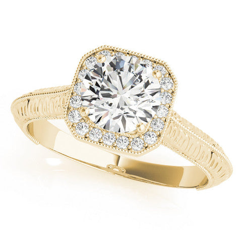 Yellow gold Cushion Halo Round Solitaire Milgrain Engagement Ring